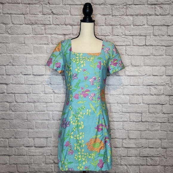 Lilly Pulitzer Dress Vintage Bluee Floral Sassafras Square Neck Sheath Size 8 - Picture 2 of 8